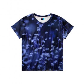 Детская футболка 3D с принтом Ночные цветы в Петрозаводске, 100% гипоаллергенный полиэфир | прямой крой, круглый вырез горловины, длина до линии бедер, чуть спущенное плечо, ткань немного тянется | лепестки | ночь | прикольные картинки | синий | цветочки | цветы