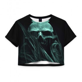 Женская футболка 3D укороченная с принтом Череп на дне в Петрозаводске, 100% полиэстер | круглая горловина, длина футболки до линии талии, рукава с отворотами | вода | водоросли | дьявол | монстр | прикольные картинки | череп