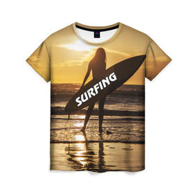 Женская футболка 3D с принтом Surfing в Петрозаводске, 100% полиэфир ( синтетическое хлопкоподобное полотно) | прямой крой, круглый вырез горловины, длина до линии бедер | волна | девушка | море | прикольные картинки | сёрфинг | солнце | спорт | экстрим