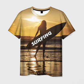 Мужская футболка 3D с принтом Surfing в Петрозаводске, 100% полиэфир | прямой крой, круглый вырез горловины, длина до линии бедер | волна | девушка | море | прикольные картинки | сёрфинг | солнце | спорт | экстрим