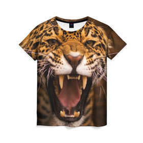 Женская футболка 3D с принтом Леопард в Петрозаводске, 100% полиэфир ( синтетическое хлопкоподобное полотно) | прямой крой, круглый вырез горловины, длина до линии бедер | дикая кошка | клыки | леопард | оскал | хищник