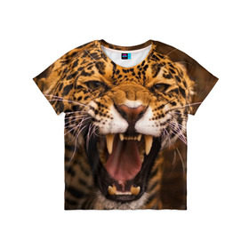 Детская футболка 3D с принтом Леопард в Петрозаводске, 100% гипоаллергенный полиэфир | прямой крой, круглый вырез горловины, длина до линии бедер, чуть спущенное плечо, ткань немного тянется | дикая кошка | клыки | леопард | оскал | хищник