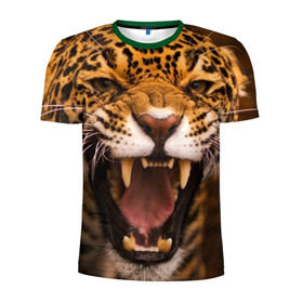 Мужская футболка 3D спортивная с принтом Леопард в Петрозаводске, 100% полиэстер с улучшенными характеристиками | приталенный силуэт, круглая горловина, широкие плечи, сужается к линии бедра | дикая кошка | клыки | леопард | оскал | хищник