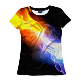 Женская футболка 3D с принтом Brisk Fire в Петрозаводске, 100% полиэфир ( синтетическое хлопкоподобное полотно) | прямой крой, круглый вырез горловины, длина до линии бедер | Тематика изображения на принте: дым | желтый | огонь | синий
