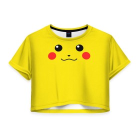 Женская футболка 3D укороченная с принтом Happy Pikachu в Петрозаводске, 100% полиэстер | круглая горловина, длина футболки до линии талии, рукава с отворотами | 