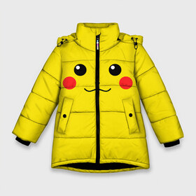 Зимняя куртка для девочек 3D с принтом Happy Pikachu в Петрозаводске, ткань верха — 100% полиэстер; подклад — 100% полиэстер, утеплитель — 100% полиэстер. | длина ниже бедра, удлиненная спинка, воротник стойка и отстегивающийся капюшон. Есть боковые карманы с листочкой на кнопках, утяжки по низу изделия и внутренний карман на молнии. 

Предусмотрены светоотражающий принт на спинке, радужный светоотражающий элемент на пуллере молнии и на резинке для утяжки. | 