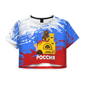 Женская футболка 3D укороченная с принтом Россия. Медведь. Балалайка в Петрозаводске, 100% полиэстер | круглая горловина, длина футболки до линии талии, рукава с отворотами | матрешка | печька | россия. медведь. балалайка
