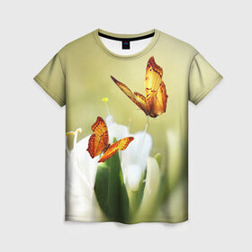 Женская футболка 3D с принтом Чудесные бабочки в Петрозаводске, 100% полиэфир ( синтетическое хлопкоподобное полотно) | прямой крой, круглый вырез горловины, длина до линии бедер | бабочки | цветы