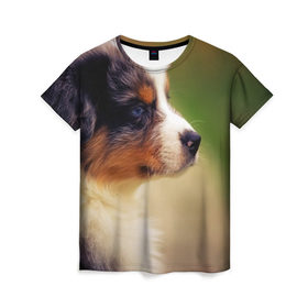 Женская футболка 3D с принтом Aussi в Петрозаводске, 100% полиэфир ( синтетическое хлопкоподобное полотно) | прямой крой, круглый вырез горловины, длина до линии бедер | австралийская овчарка | животные | пёс | собака | щенок