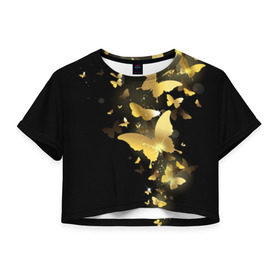 Женская футболка 3D укороченная с принтом Золотые бабочки в Петрозаводске, 100% полиэстер | круглая горловина, длина футболки до линии талии, рукава с отворотами | Тематика изображения на принте: бабочки | девушкам | злато | золото