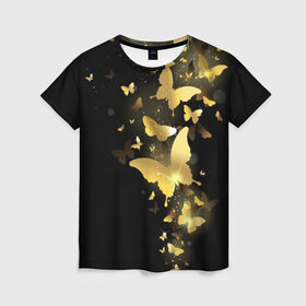 Женская футболка 3D с принтом Золотые бабочки в Петрозаводске, 100% полиэфир ( синтетическое хлопкоподобное полотно) | прямой крой, круглый вырез горловины, длина до линии бедер | бабочки | девушкам | злато | золото