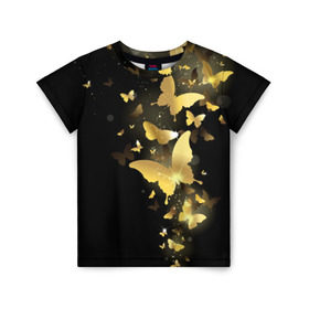 Детская футболка 3D с принтом Золотые бабочки в Петрозаводске, 100% гипоаллергенный полиэфир | прямой крой, круглый вырез горловины, длина до линии бедер, чуть спущенное плечо, ткань немного тянется | Тематика изображения на принте: бабочки | девушкам | злато | золото