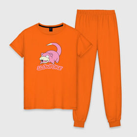 Женская пижама хлопок с принтом Slowpoke в Петрозаводске, 100% хлопок | брюки и футболка прямого кроя, без карманов, на брюках мягкая резинка на поясе и по низу штанин | pikachu | pokemon | slowpoke | пикачу | покемон | покемоны | слоупок