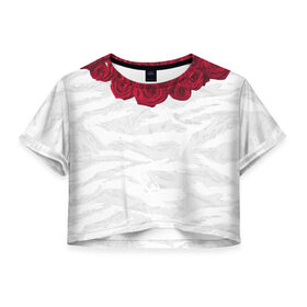 Женская футболка 3D укороченная с принтом Roses White в Петрозаводске, 100% полиэстер | круглая горловина, длина футболки до линии талии, рукава с отворотами | розы цветы swag тренд мода клубная