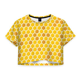 Женская футболка 3D укороченная с принтом Медовые соты в Петрозаводске, 100% полиэстер | круглая горловина, длина футболки до линии талии, рукава с отворотами | арт | еда | мед | пчелы | соты