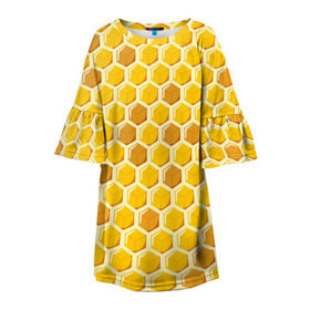 Детское платье 3D с принтом Медовые соты в Петрозаводске, 100% полиэстер | прямой силуэт, чуть расширенный к низу. Круглая горловина, на рукавах — воланы | Тематика изображения на принте: арт | еда | мед | пчелы | соты