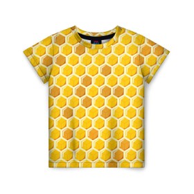 Детская футболка 3D с принтом Медовые соты в Петрозаводске, 100% гипоаллергенный полиэфир | прямой крой, круглый вырез горловины, длина до линии бедер, чуть спущенное плечо, ткань немного тянется | Тематика изображения на принте: арт | еда | мед | пчелы | соты