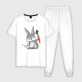 Мужская пижама хлопок с принтом Зайчик в Петрозаводске, 100% хлопок | брюки и футболка прямого кроя, без карманов, на брюках мягкая резинка на поясе и по низу штанин
 | Тематика изображения на принте: год кролика | зайчик | заяц | кролик | морковь
