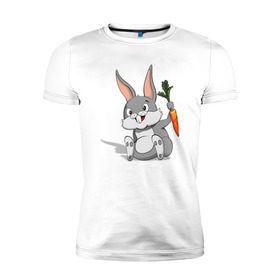 Мужская футболка премиум с принтом Зайчик в Петрозаводске, 92% хлопок, 8% лайкра | приталенный силуэт, круглый вырез ворота, длина до линии бедра, короткий рукав | Тематика изображения на принте: год кролика | зайчик | заяц | кролик | морковь