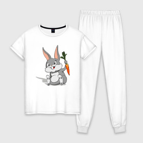 Женская пижама хлопок с принтом Зайчик в Петрозаводске, 100% хлопок | брюки и футболка прямого кроя, без карманов, на брюках мягкая резинка на поясе и по низу штанин | год кролика | зайчик | заяц | кролик | морковь