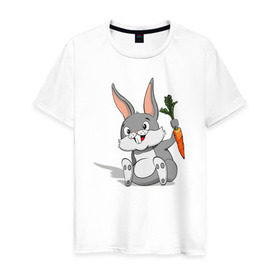 Мужская футболка хлопок с принтом Зайчик в Петрозаводске, 100% хлопок | прямой крой, круглый вырез горловины, длина до линии бедер, слегка спущенное плечо. | Тематика изображения на принте: год кролика | зайчик | заяц | кролик | морковь