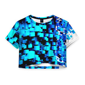 Женская футболка 3D укороченная с принтом Кубическая текстура в Петрозаводске, 100% полиэстер | круглая горловина, длина футболки до линии талии, рукава с отворотами | кубы | объем | синий