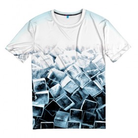 Мужская футболка 3D с принтом Кубики льда в Петрозаводске, 100% полиэфир | прямой крой, круглый вырез горловины, длина до линии бедер | синий