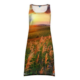 Платье-майка 3D с принтом Родные просторы в Петрозаводске, 100% полиэстер | полуприлегающий силуэт, широкие бретели, круглый вырез горловины, удлиненный подол сзади. | sunrise | sunset | восход | деревня | закат | луг | небо | облака | поле | природа | солнце | цветы