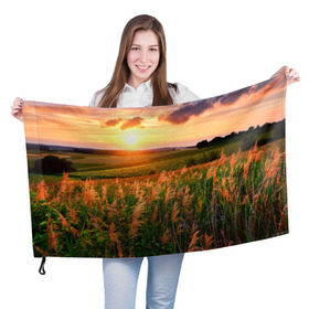 Флаг 3D с принтом Родные просторы в Петрозаводске, 100% полиэстер | плотность ткани — 95 г/м2, размер — 67 х 109 см. Принт наносится с одной стороны | sunrise | sunset | восход | деревня | закат | луг | небо | облака | поле | природа | солнце | цветы