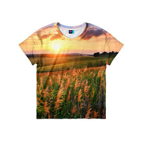 Детская футболка 3D с принтом Родные просторы в Петрозаводске, 100% гипоаллергенный полиэфир | прямой крой, круглый вырез горловины, длина до линии бедер, чуть спущенное плечо, ткань немного тянется | sunrise | sunset | восход | деревня | закат | луг | небо | облака | поле | природа | солнце | цветы