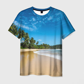 Мужская футболка 3D с принтом Шикарный пляж в Петрозаводске, 100% полиэфир | прямой крой, круглый вырез горловины, длина до линии бедер | вода | голубое небо | жара | загар | зной | каникулы | купание | море | океан | отдых | отпуск | пальмы | песок | приключение | путешествие | туризм