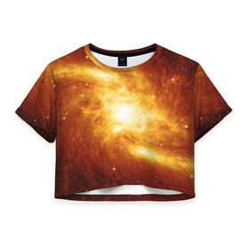 Женская футболка 3D укороченная с принтом Огненная галактика в Петрозаводске, 100% полиэстер | круглая горловина, длина футболки до линии талии, рукава с отворотами | вселенная | галактика | звёзды | земля | комета | космос | метеориты | метеоры | млечный путь | орбита | планеты | солнечная система | солнце