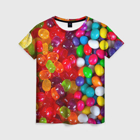 Женская футболка 3D с принтом Вкусняшки в Петрозаводске, 100% полиэфир ( синтетическое хлопкоподобное полотно) | прямой крой, круглый вырез горловины, длина до линии бедер | вкуснотища | вкусняшки | глазурь | карамельки | конфетки | конфеты | мармеладки | сахар | сладости