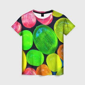 Женская футболка 3D с принтом Карамельки в Петрозаводске, 100% полиэфир ( синтетическое хлопкоподобное полотно) | прямой крой, круглый вырез горловины, длина до линии бедер | вкусности | вкусняшки | карамельки | конфетки | конфеты | леденцы | сахар | сладости