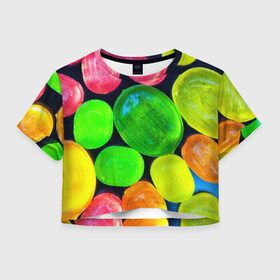 Женская футболка 3D укороченная с принтом Карамельки в Петрозаводске, 100% полиэстер | круглая горловина, длина футболки до линии талии, рукава с отворотами | вкусности | вкусняшки | карамельки | конфетки | конфеты | леденцы | сахар | сладости
