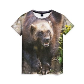 Женская футболка 3D с принтом Росомаха в Петрозаводске, 100% полиэфир ( синтетическое хлопкоподобное полотно) | прямой крой, круглый вырез горловины, длина до линии бедер | животные | лес | медведи | охота | природа | туризм
