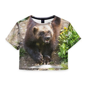 Женская футболка 3D укороченная с принтом Росомаха в Петрозаводске, 100% полиэстер | круглая горловина, длина футболки до линии талии, рукава с отворотами | животные | лес | медведи | охота | природа | туризм