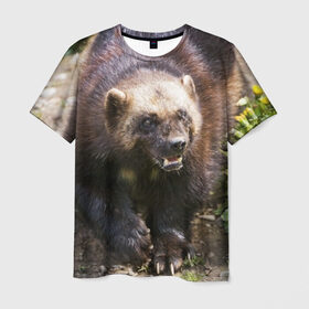 Мужская футболка 3D с принтом Росомаха в Петрозаводске, 100% полиэфир | прямой крой, круглый вырез горловины, длина до линии бедер | Тематика изображения на принте: животные | лес | медведи | охота | природа | туризм