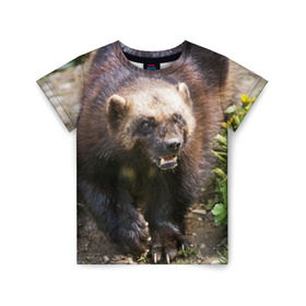 Детская футболка 3D с принтом Росомаха в Петрозаводске, 100% гипоаллергенный полиэфир | прямой крой, круглый вырез горловины, длина до линии бедер, чуть спущенное плечо, ткань немного тянется | животные | лес | медведи | охота | природа | туризм