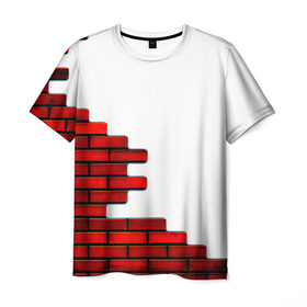 Мужская футболка 3D с принтом Кирпичики в Петрозаводске, 100% полиэфир | прямой крой, круглый вырез горловины, длина до линии бедер | белый | красный | стена