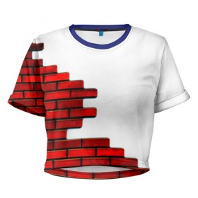 Женская футболка 3D укороченная с принтом Кирпичики в Петрозаводске, 100% полиэстер | круглая горловина, длина футболки до линии талии, рукава с отворотами | Тематика изображения на принте: белый | красный | стена
