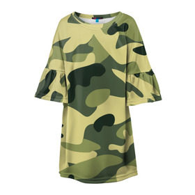 Детское платье 3D с принтом Зелёный камуфляж в Петрозаводске, 100% полиэстер | прямой силуэт, чуть расширенный к низу. Круглая горловина, на рукавах — воланы | camouflage | green camouflage | зеленый камуфляж | камуфляж