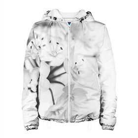 Женская куртка 3D с принтом Белые цветочки 5 в Петрозаводске, ткань верха — 100% полиэстер, подклад — флис | прямой крой, подол и капюшон оформлены резинкой с фиксаторами, два кармана без застежек по бокам, один большой потайной карман на груди. Карман на груди застегивается на липучку | белый | цветок | цветы