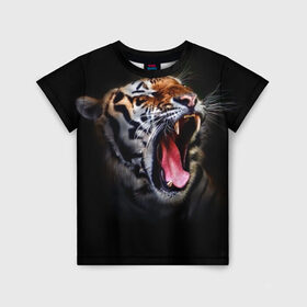 Детская футболка 3D с принтом Оскал тигра в Петрозаводске, 100% гипоаллергенный полиэфир | прямой крой, круглый вырез горловины, длина до линии бедер, чуть спущенное плечо, ткань немного тянется | дикая кошка | пасть | тигр | хищник