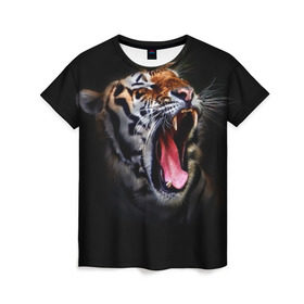 Женская футболка 3D с принтом Оскал тигра в Петрозаводске, 100% полиэфир ( синтетическое хлопкоподобное полотно) | прямой крой, круглый вырез горловины, длина до линии бедер | дикая кошка | пасть | тигр | хищник