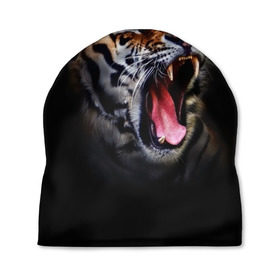 Шапка 3D с принтом Оскал тигра в Петрозаводске, 100% полиэстер | универсальный размер, печать по всей поверхности изделия | дикая кошка | пасть | тигр | хищник
