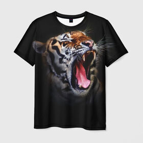 Мужская футболка 3D с принтом Оскал тигра в Петрозаводске, 100% полиэфир | прямой крой, круглый вырез горловины, длина до линии бедер | дикая кошка | пасть | тигр | хищник