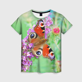 Женская футболка 3D с принтом Прелесть в Петрозаводске, 100% полиэфир ( синтетическое хлопкоподобное полотно) | прямой крой, круглый вырез горловины, длина до линии бедер | бабочка | лепестки | прикольные картинки | природа | цветочки | цветы