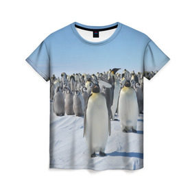 Женская футболка 3D с принтом Пингвины в Петрозаводске, 100% полиэфир ( синтетическое хлопкоподобное полотно) | прямой крой, круглый вырез горловины, длина до линии бедер | пингвин