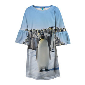 Детское платье 3D с принтом Пингвины в Петрозаводске, 100% полиэстер | прямой силуэт, чуть расширенный к низу. Круглая горловина, на рукавах — воланы | Тематика изображения на принте: пингвин